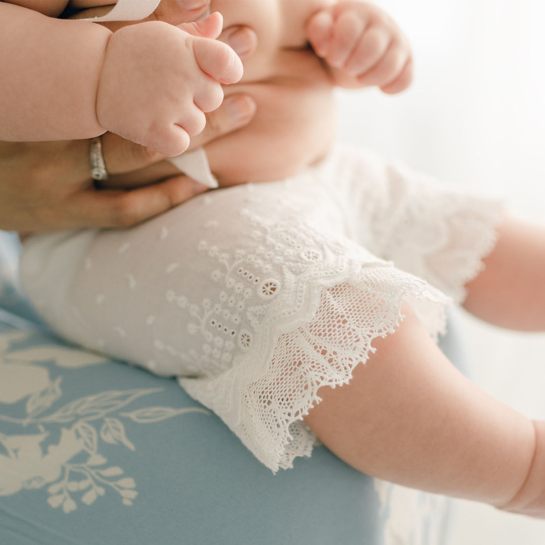 Detail of the Emily Bloomers made in a wide leg style with embroidered cotton eyelet lace with scalloped edge and lace trim.