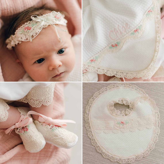 Chloe accessory bundle - headband, blanket, booties, bib