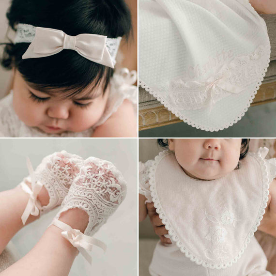 A collage of four images featuring the Charlotte Accessory Bundle: Charlotte Lace Headband, Charlotte Personalized Blanket, Charlotte Bib, and Charlotte Booties. lace bib