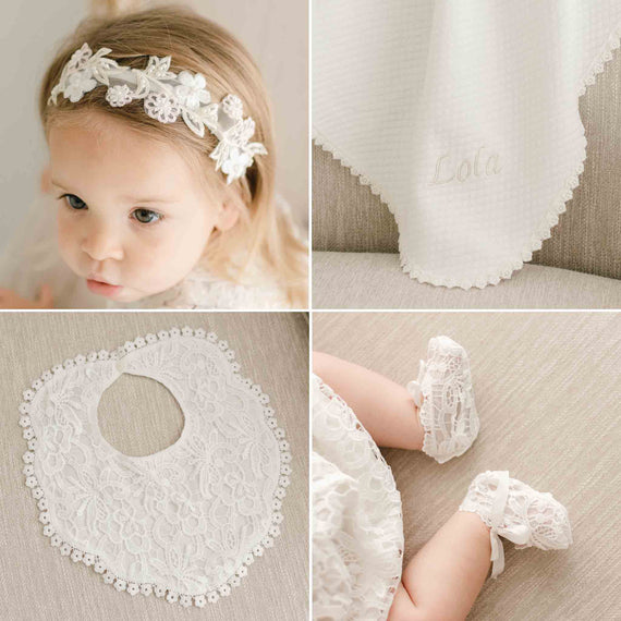 Four items from the Lola Accessory Bundle: a floral lace headband, lace booties, embroidered bib, and a personalized blanket.