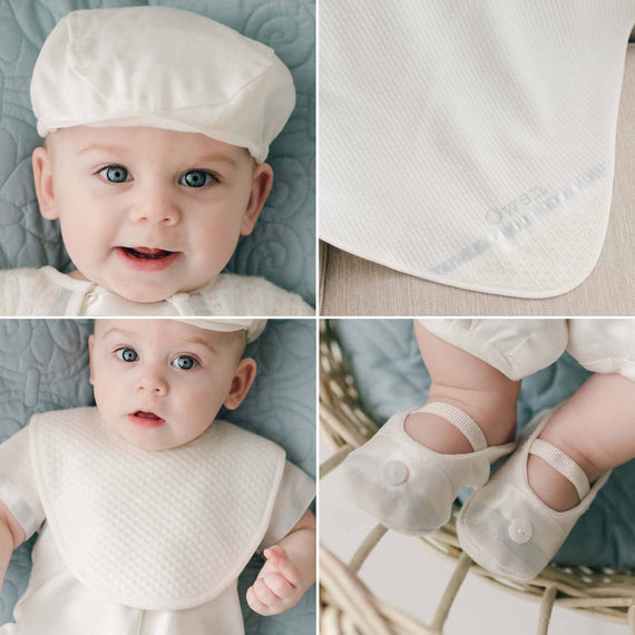 A collage of four Owen Romper Accessory Bundle images showing the Owen Romper Accessory Bundle: the Owen Linen Newsboy Cap, Personalized Blanket, Linen Booties, and Bib.