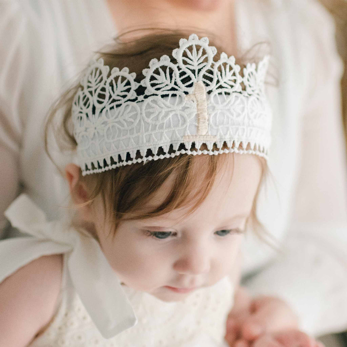 Embroidered first birthday crown headband