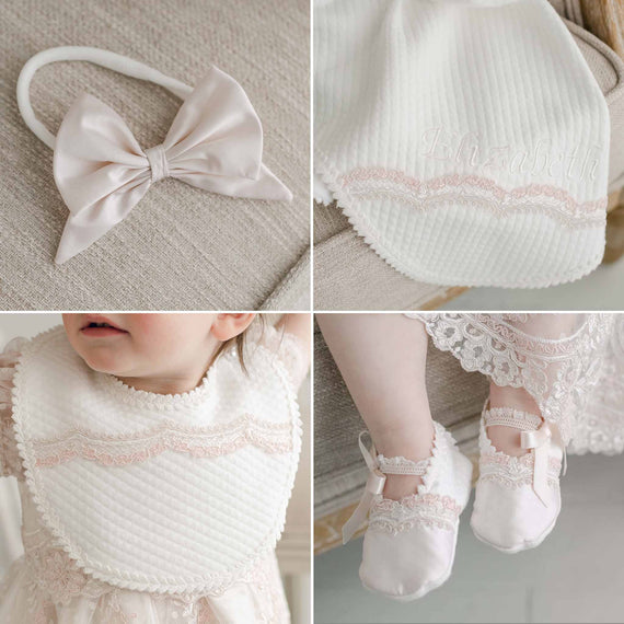 A collage of four images: containing a vintage soft pink bow headband, a personalized christening bib reading 'elizabeth', a detailed white baptism bib with lace, and a baby wearing the bib. and baby shoes.