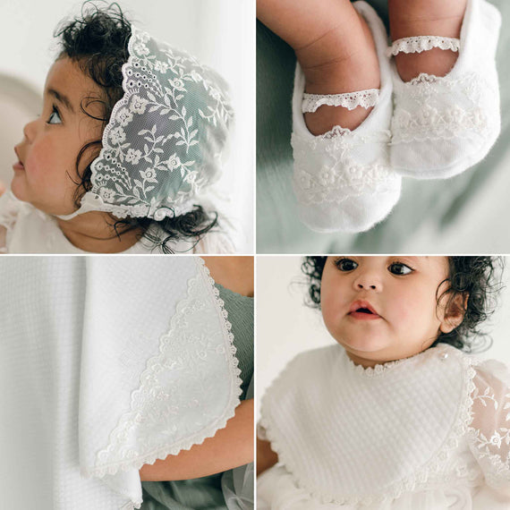 A collage of photos showcasing the products included in the Ella Accessory Bundle: the Ella Lace Bonnet, Ella Booties, Ella Bib, and Ella Personalized Blanket.