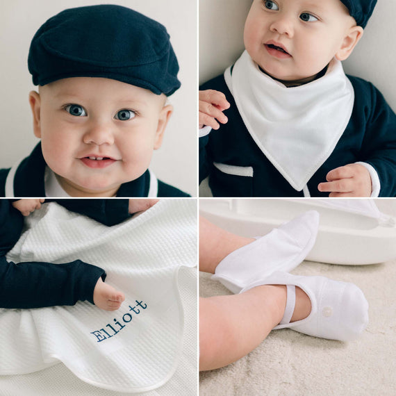 Four photos of the Elliott Suit Accessory Bundle, including the cap, booties, bib, and personalized blanket.