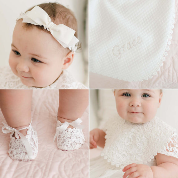 A collage of four images featuring a baby girl with the Grace Accessories. Top left shows the baby with a white bow, top right a close-up of a bib reading "Grace"