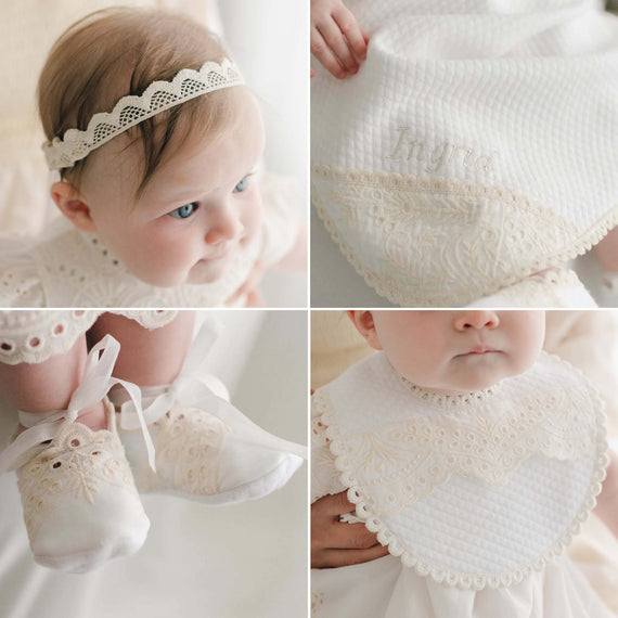 Four photos featuring Ingrid Christening Accessories, including the headband, blanket, booties, and bib