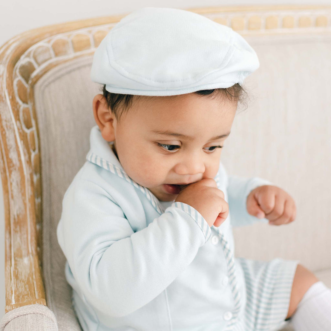 Baby boy wearing the Theodore 3-Piece Suit in blue.