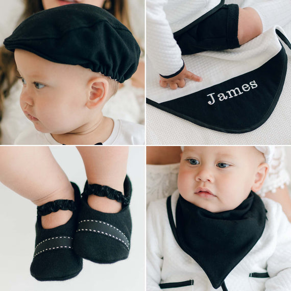 Four photos of the items included in the James Accessory Bundle, including the Cap, Booties, Bib and Personalized Blanket.