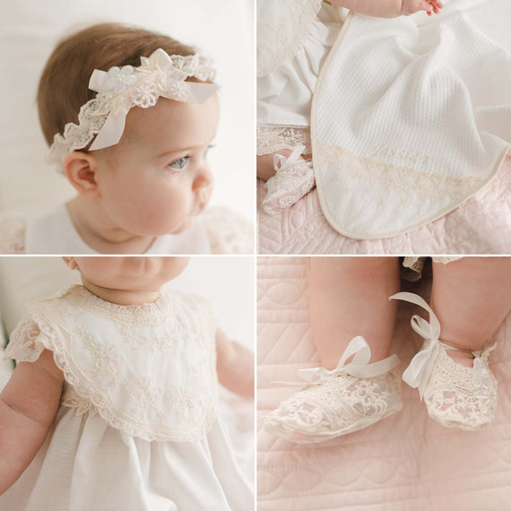 Four-panel image showcasing the Jessica Accessory Bundle. Clockwise from the top right panel is the Jessica Personalized Blanket, Jessica Lace Booties, Jessica Cotton Bib, and Jessica Headband.