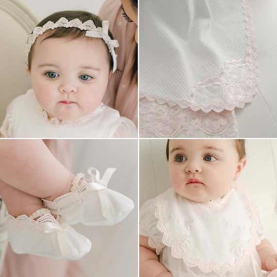 Collage of four images featuring a baby girl in a Joli Accessory Bundle, vintage-inspired baptism accessories. Top left and bottom right show her gazing with wide eyes, top right displays detailed lace baby booties and a baptism bib.