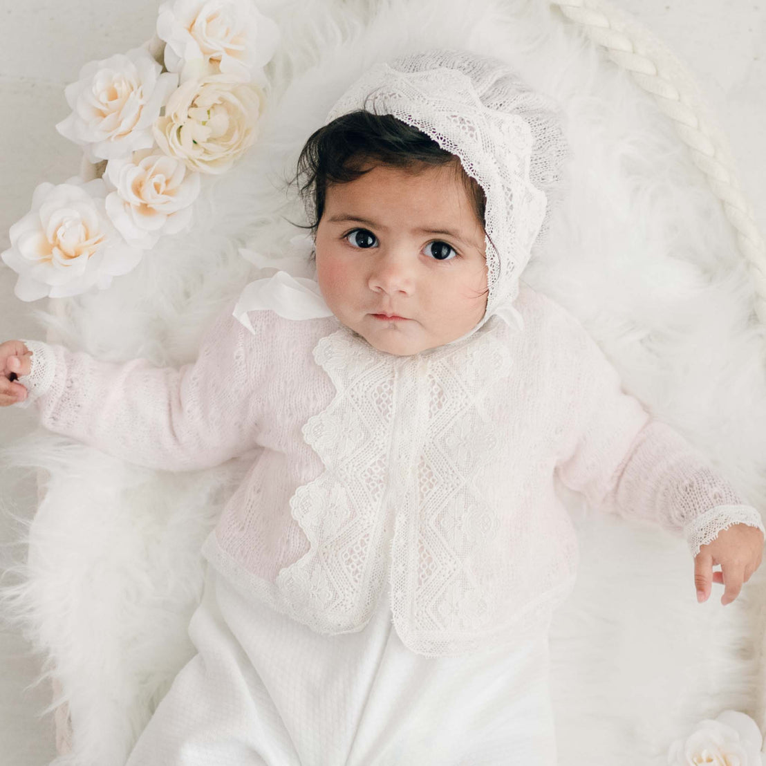 Hailey pink knit sweater on baby with bonnet