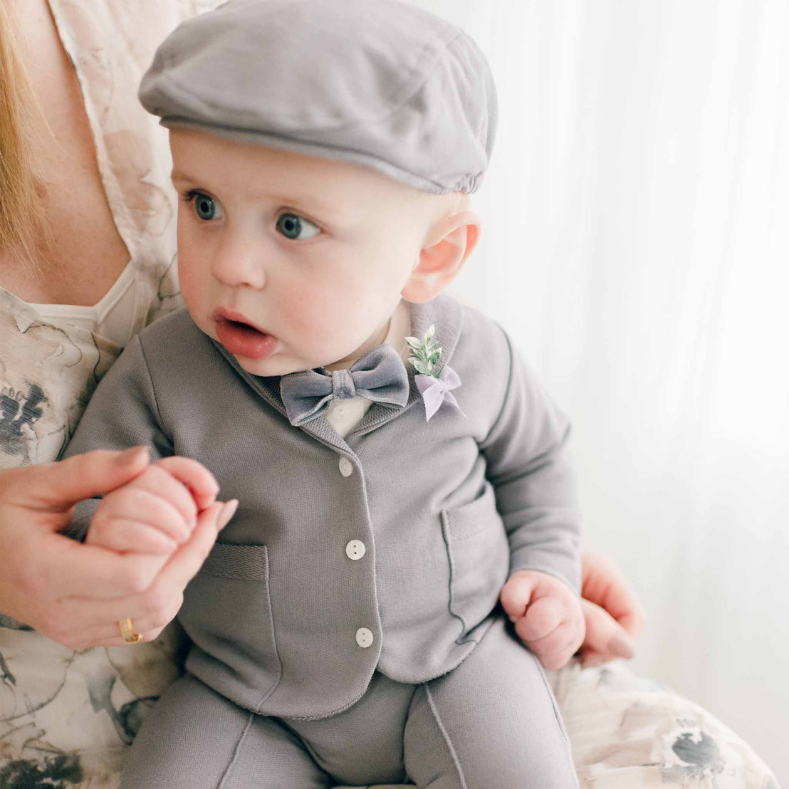 Close up of grey cotton suit jacket