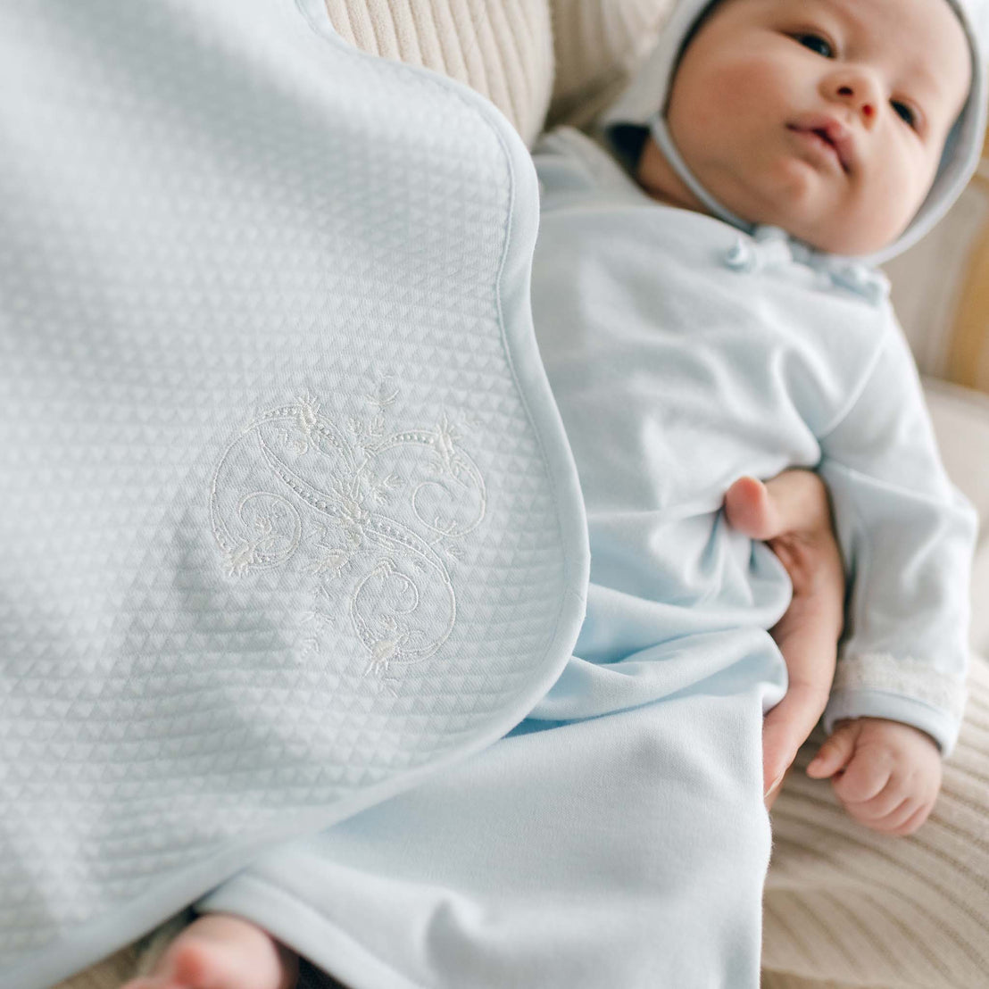 Baby boy and custom baby blanket in powder blue