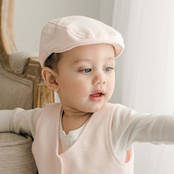 Blush french terry newsboy cap on baby boy