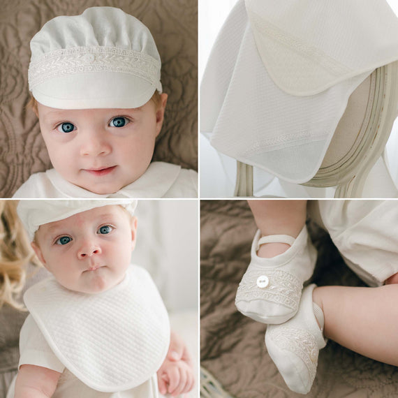 Four photos showing what is included in the Oliver Accessory Bundle, including the Cap, Booties, Bib & Personalized Blanket (in white or ivory).