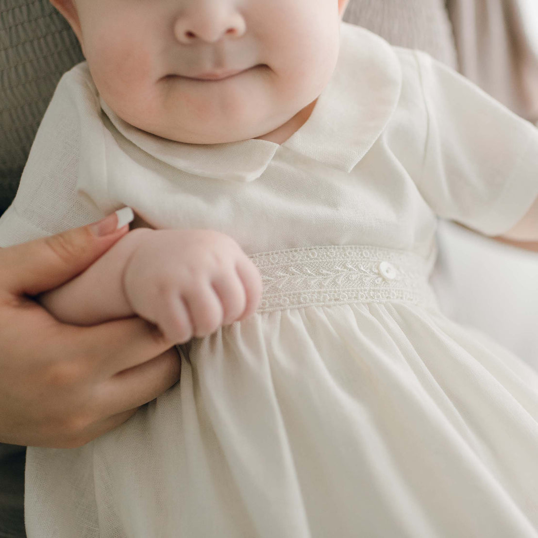 Ivory Oliver Convertible Skirt showcasing the waist lace detail on the ivory linen skirt.