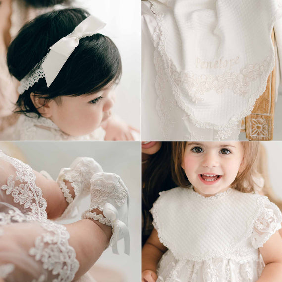 Penelope Christening: lace headband, baby girl baptism blanket, girl christening booties, fancy baby bib