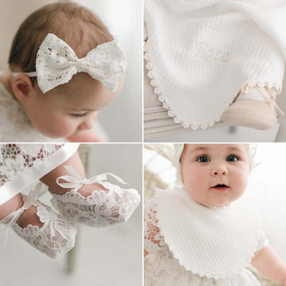 Collage of a baby girl in a Rose Accessory Bundle, featuring close-ups of her heirloom headband and shoes, blanket and a personalized bib with scalloped edges.