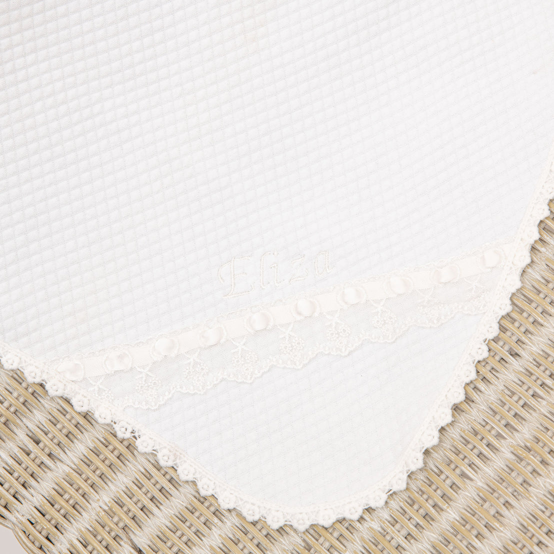 Eliza Blanket embroidered heirloom with pearl detailing on a textured beige background. The lace features floral patterns and is suitable for christening events.