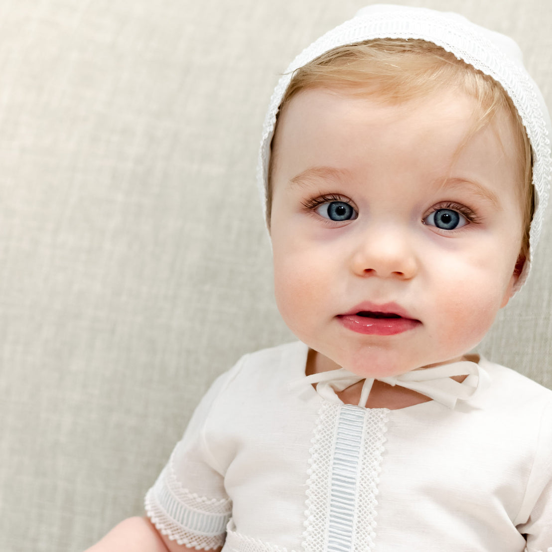 Close up detail of the bodice on the Rowan boys baptism gown made of linen.