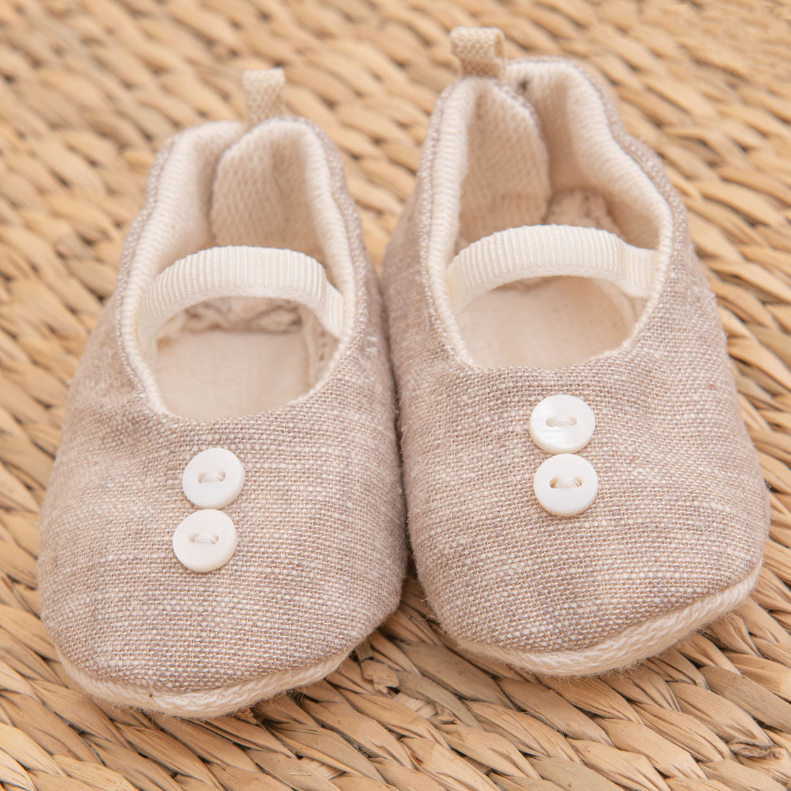 Flat lay photo of the tan Silas Linen Booties made from french terry cotton